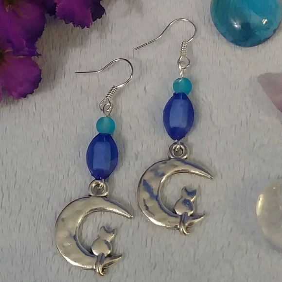 Cat On The Moon Silver Blue Beaded Earrings - Picture 1 of 3